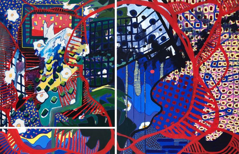 THE MORNING INVASION OF FRIED EGGS/ acrylic, marker on linen/ 3 canvases in sizes 100x120 cm, 100x150, cm 100x30 cm/ 2020